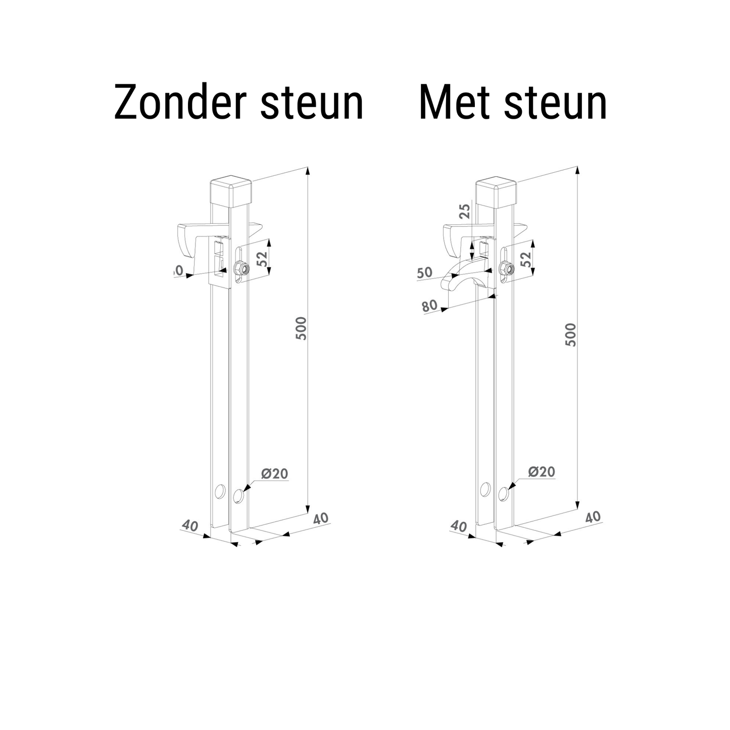 Locinox poortvanger ABL / ABK - Thermisch verzinkt hek-kopen zonder steun met steun 2d tekening